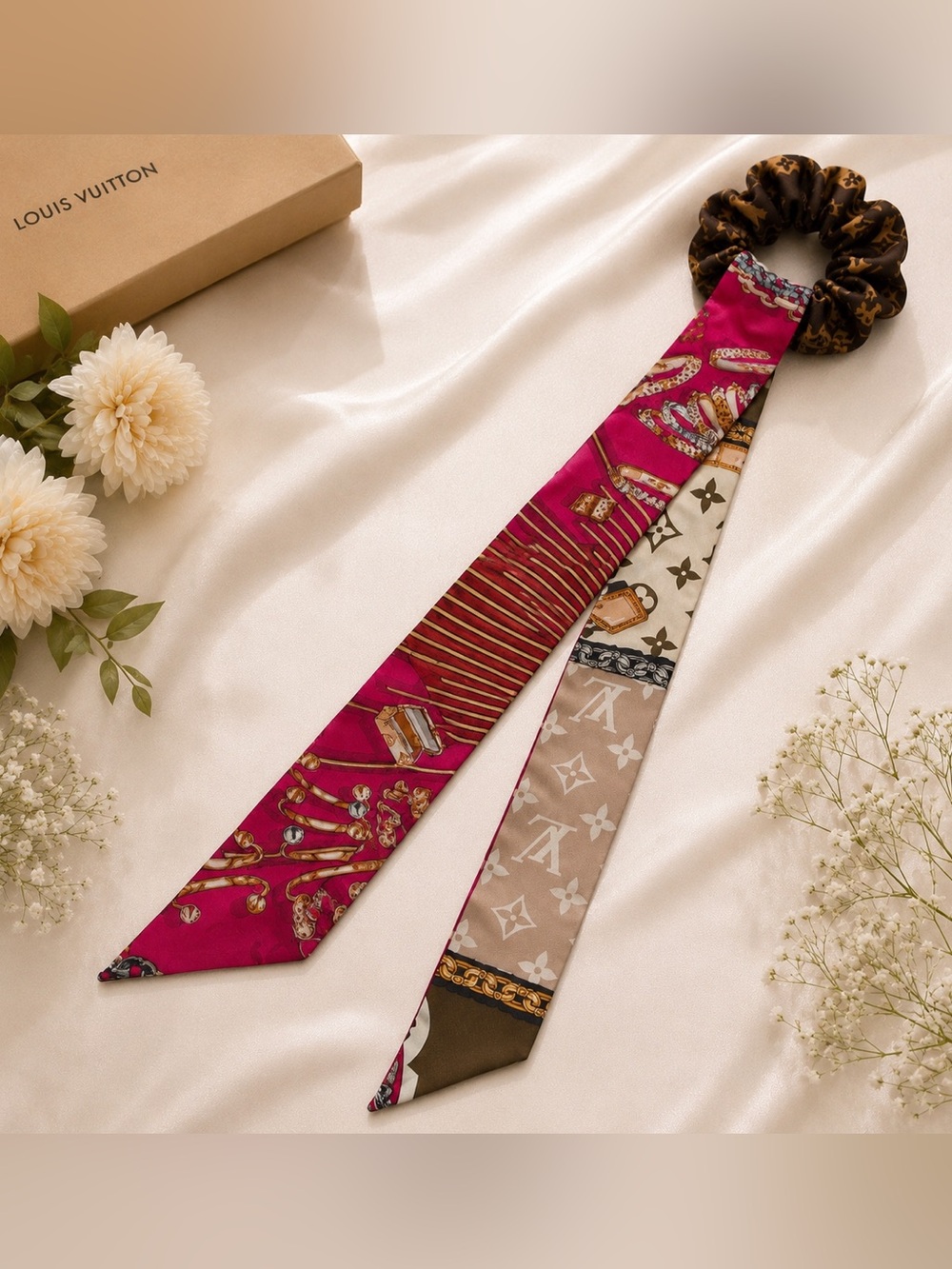 Louis Vuitton Silk Bandeau Scrunchie Set Monogram Multicolor Hair Scarf LV Italy